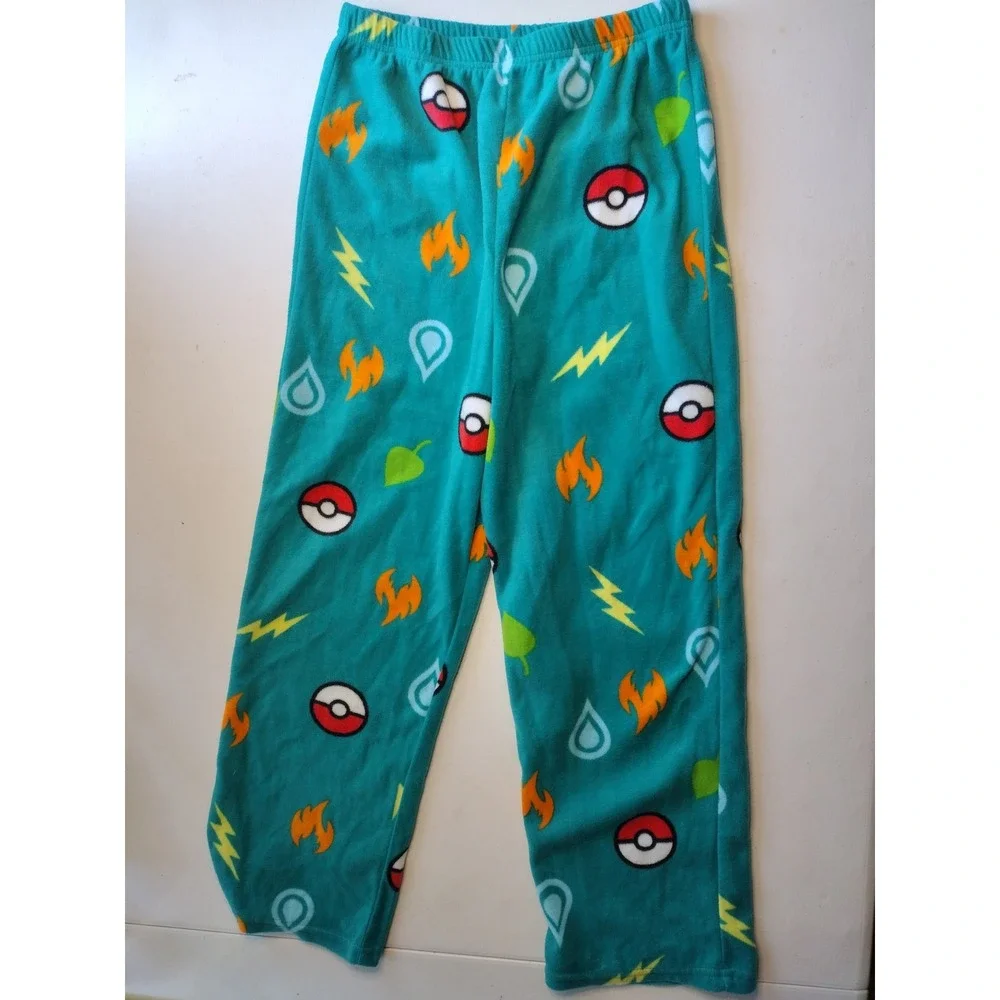 Pokemon Kids Size 12 Teal‎ Fleece Pajama Pants Poke Ball Elemental Symbols PJs